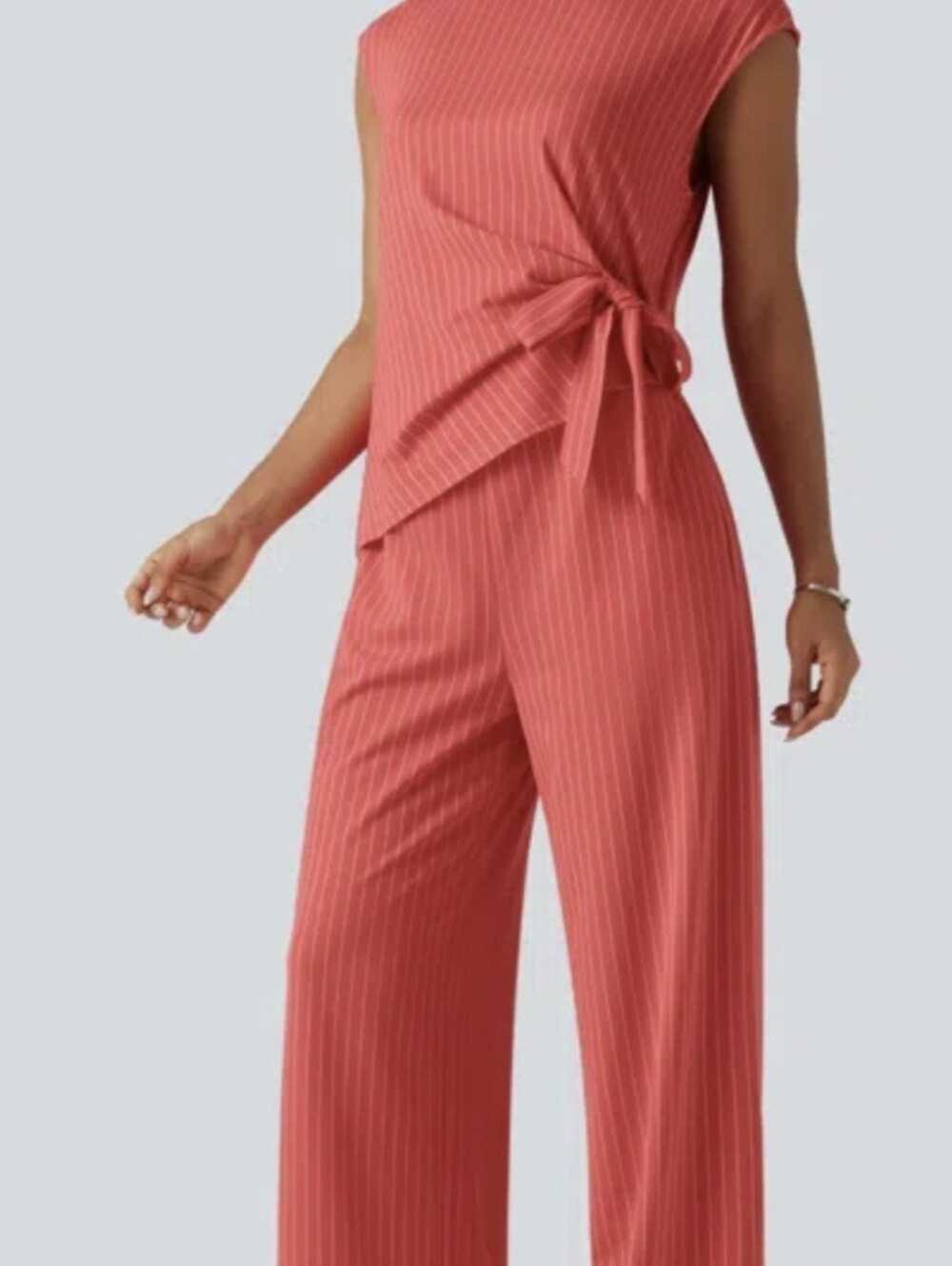 HALARA Coral-Striped Tie-Waist Wide-Leg Jumpsuit